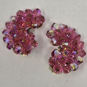VINTAGE ALICE CAVINESS PINK CRYSTAL CLUSTER COMMA CLIP ON EARRINGS WOMEN JEWELRY